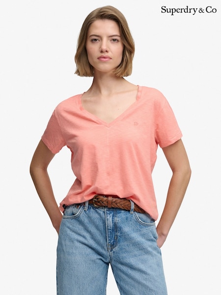 Light Pink - Superdry Slub Embroidered V-neck T-shirt