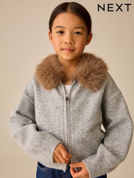 Grey - Fur Collar Knitted Bomber Cardigan (3-16yrs)