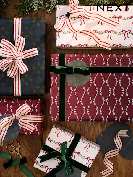 Set Of 3 Christmas Wrapping Paper Gift Tags And Ribbons Set