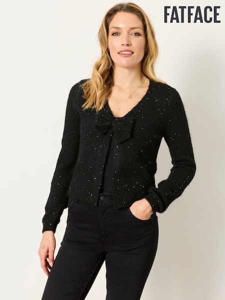 Black - Fatface Sparkle Bow Front Cardigan