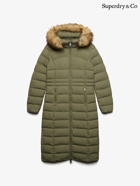 Green - Superdry Hooded Faux Fur Fuji Longline Jacket