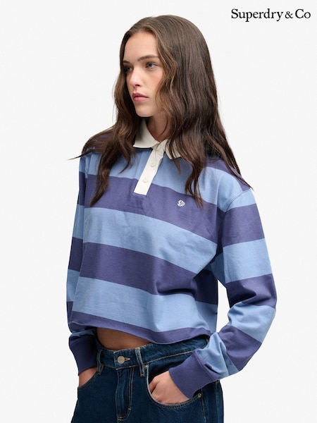 Blue - Superdry Ath Ess Cropped Stripe Rugby Shirt
