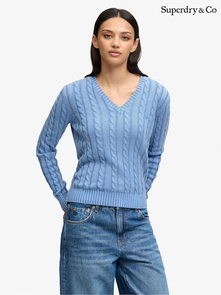 Azul - Superdry Washed V Neck Cable Jumper