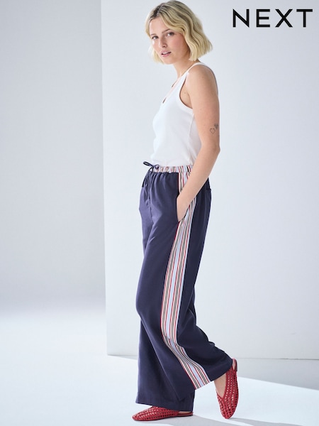 Navy Blue/Red - Side Stripe Wide Leg Trousers With Linen