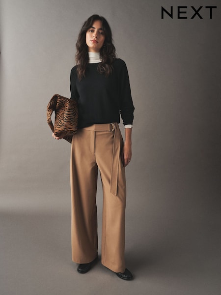 Camel - Belted Wide Leg Trousers
