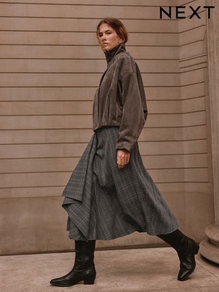 Grey - Check Asymmetric Drape Midi Skirt