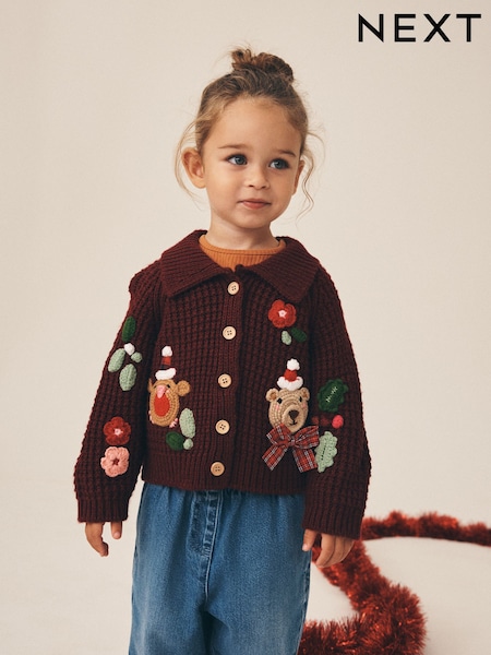 Berry Robin and Bear embroidered - Christmas Cardigan (3mths-7yrs)