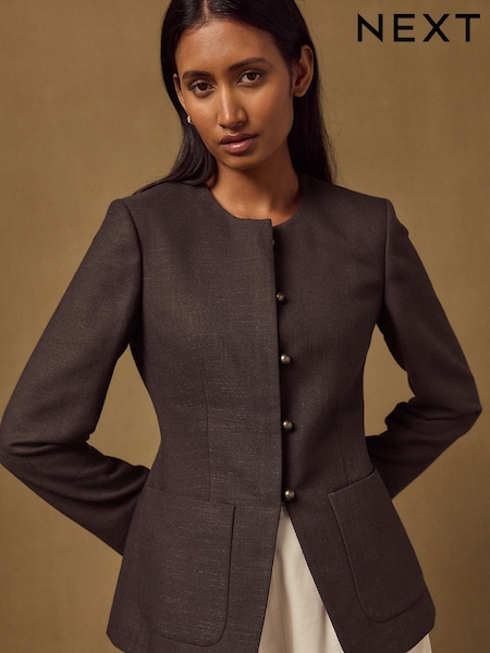 Brown - Collarless Fitted Blazer