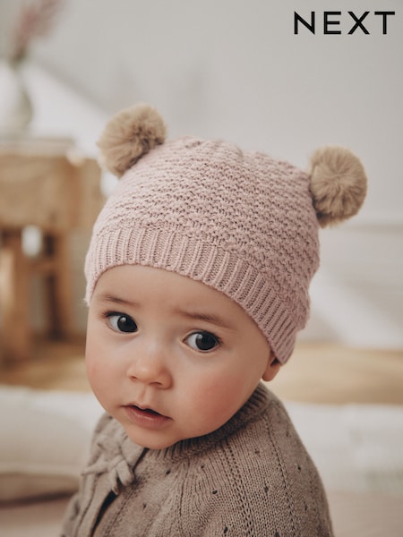 Brown Pointelle Knitted - Double Pom Baby Beanie