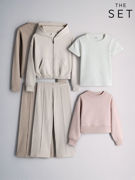White/Pink/Light Brown - The Set 6 Piece Zip Through Hoodie Crew Rib Cardigan Short Sleeve Rib T-shirt And Wide Leg Leggings Set
