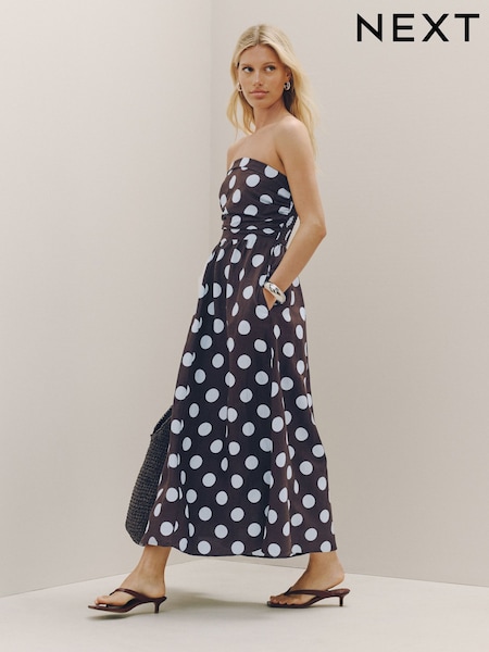 Chocolate Brown Polka Dot - Ruched Bandeau Midi Dress