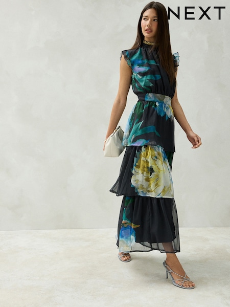 Navy Floral Print - Tiered Ruffle High Neck Occasion Midi Dress