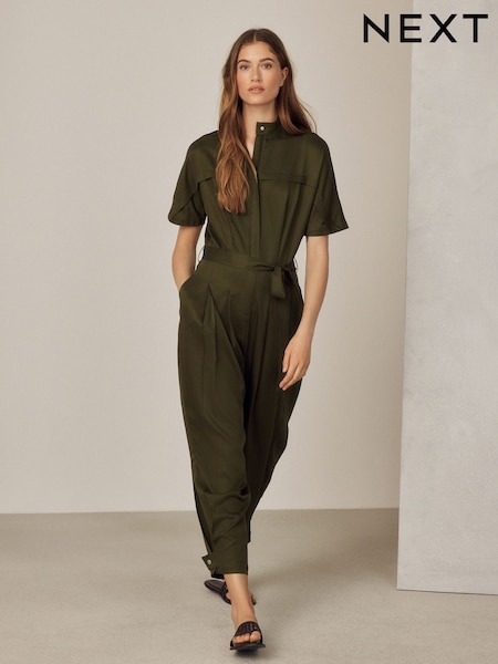 Khaki Green - Short Sleeve Funnel Neck Jumpsuit