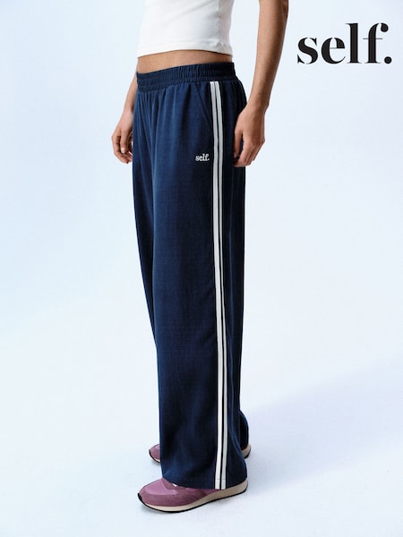 Teal Blue - Self. Wide Leg Viscose Blend Track Trousers With Side Stripe