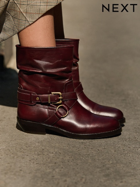 Бургундский - Leather Harness Buckle Slouch Ankle Boots