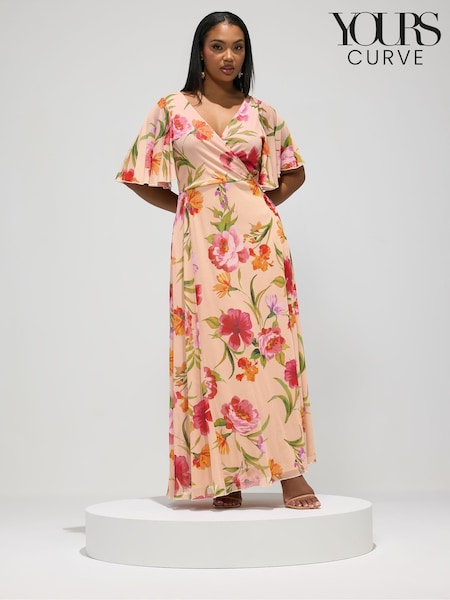 Yours Curve Nude London Floral Mesh Wrap Maxi Dress (G96126) | ₪352