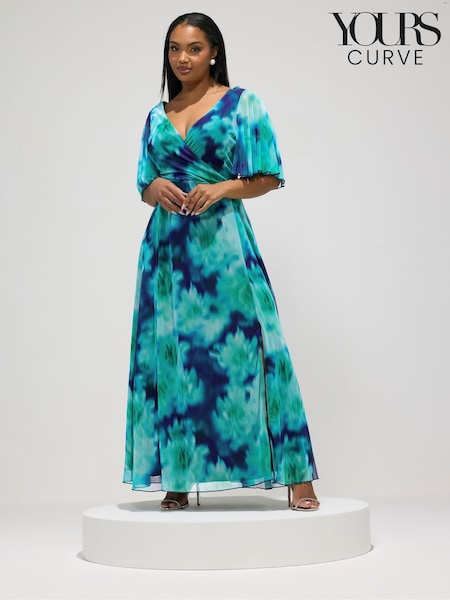 Yours Curve Blue London Blurred Mesh Wrap Maxi Dress (G96175) | $174