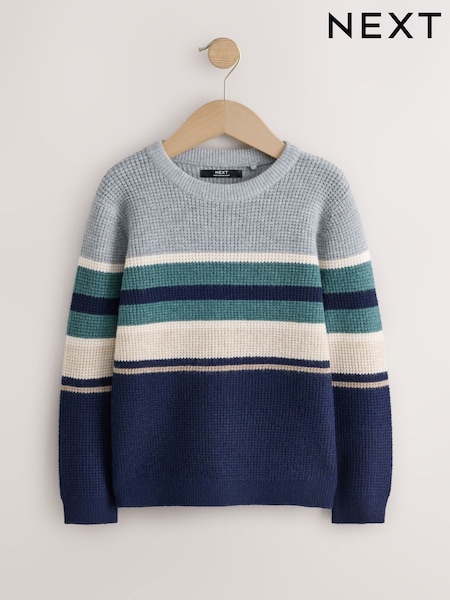 Grey/Blue - Stripe Knitted Crew Neck Jumper (3-16yrs)