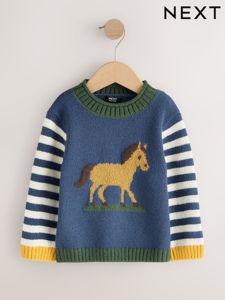 Navy Blue Horse - Character Knitted Crew Neck Jumper (3mths-7yrs)