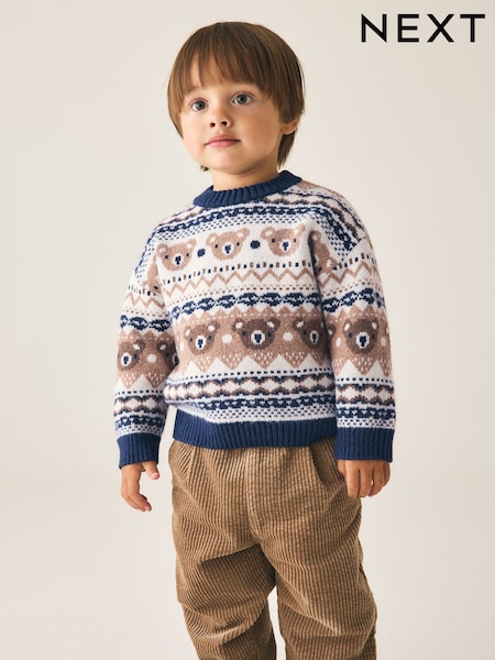 Cream/ Bleu marine - Pull à col rond tricoté à motif personnage (3mois -7an)