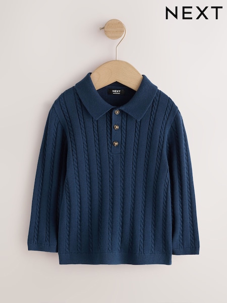 Navy - Cable Knit Polo Shirt (3mths-7yrs)