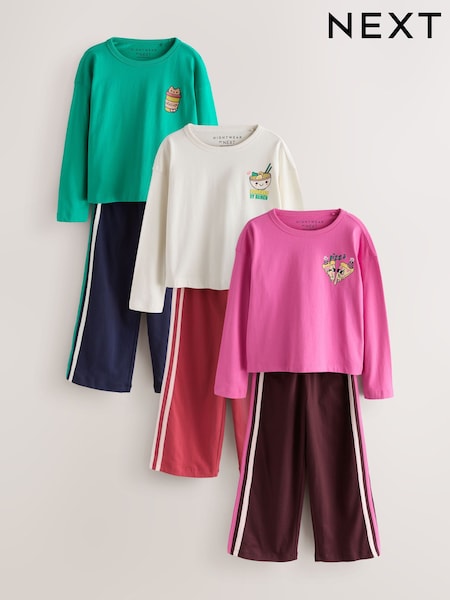 Green/Pink - Wide Long Leg Pyjamas 3 Pack (3-16yrs)
