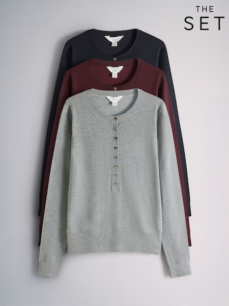 Navy Blue/Light Grey/Burgundy Red - The Set 3 Pack Henley Jumper With Wool