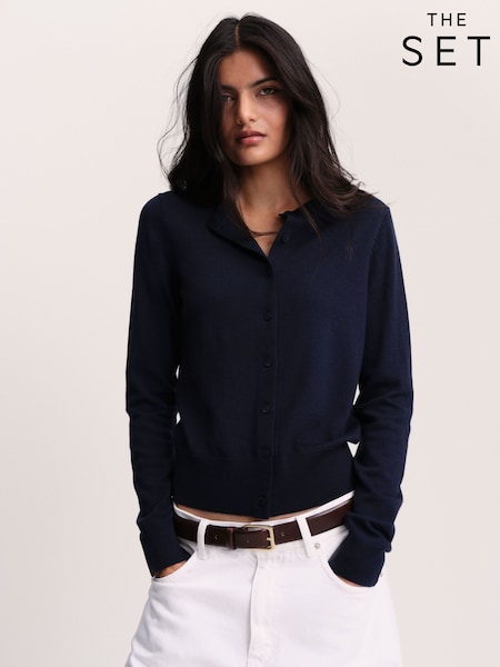 Navy Blue - The Set Crew Neck Long Sleeve Merino Cardigan