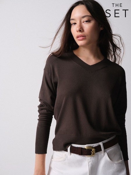 Čokolada Smeđa / Taupe Smeđa / Krem boja - The Set Fine Knitted V-neck Jumpers