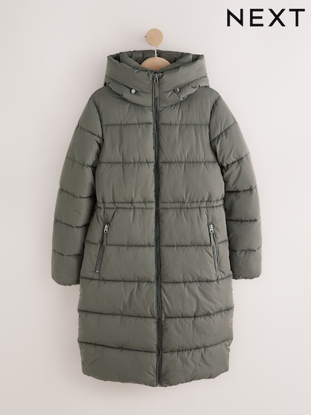 Khaki Green - Shower Resistant Hooded Long Wadded Coat