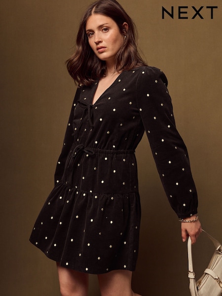 Chocolate Brown/Gold Spot - Long Sleeve V-neck Tie Cord Mini Dress