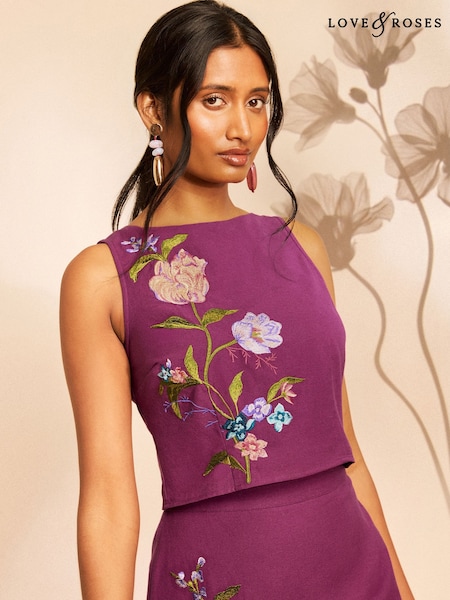 Burgundy Red - Love & Roses Cotton/linen Embroidered Tie Back Shell Top