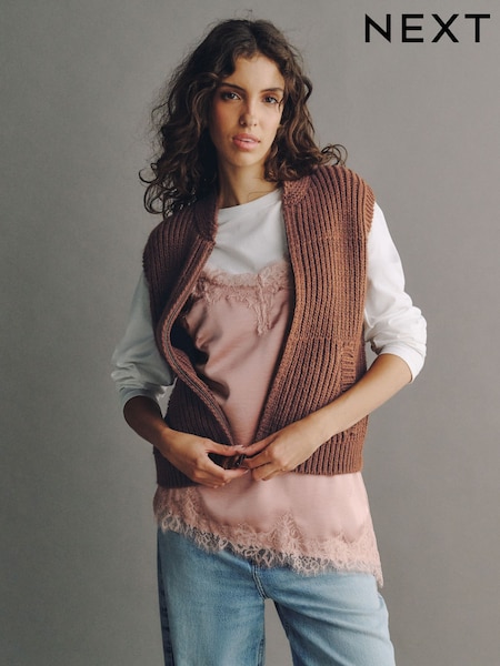 Brown - Knitted Zip Up Sleeveless Gilet With Pockets
