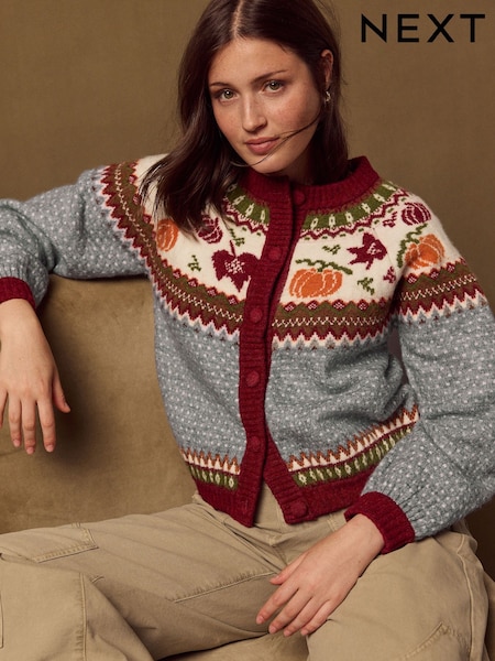 Gris/Rojo con grecas alpinas otoñales - Long Sleeve Crew Neck Bomber Cardigan