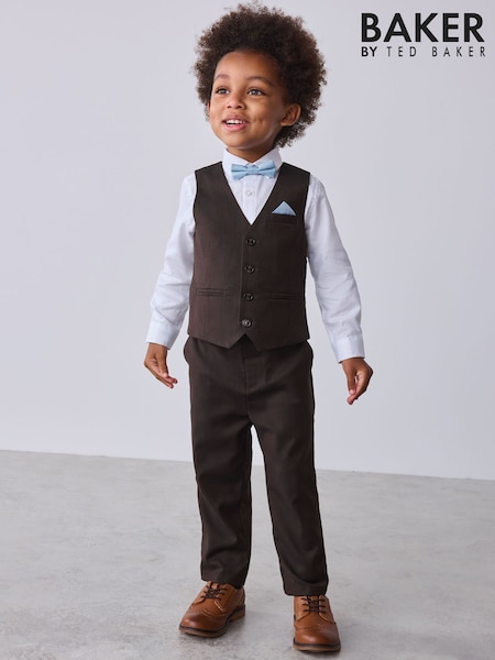 Brown/Blue - Baker By Ted Baker Waistcoat Shirt And Trousers Set
