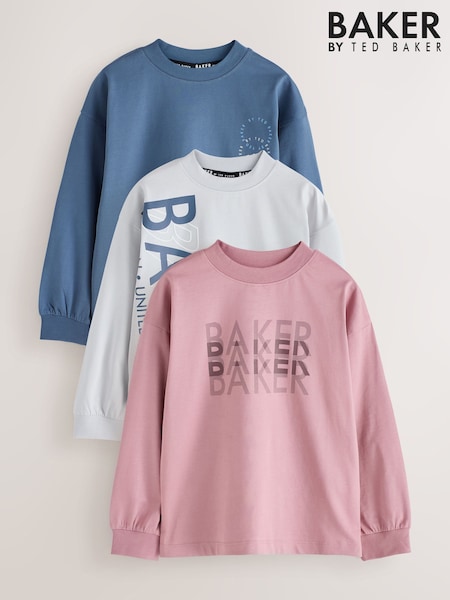 Blue/Grey/Pink - Baker By Ted Baker 3 Pack Long Sleeve Graphic T-shirts