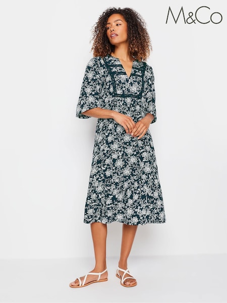 M&Co Blue Navy Damask Print Lace Trim Dress (G97407) | ₪196