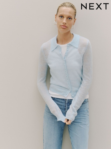 Light Blue - Sheer Knitted Long Sleeve Collared Shirt