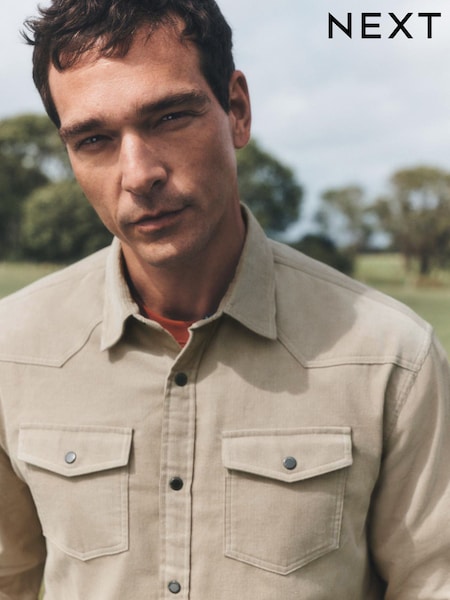 Ecru Cream - Regular Cord Western Styling Long Sleeve Shirt