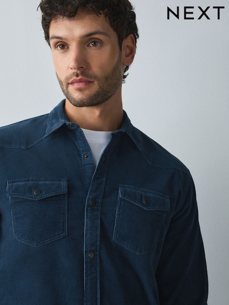Blau - Regular Cord Western Styling Long Sleeve Shirt