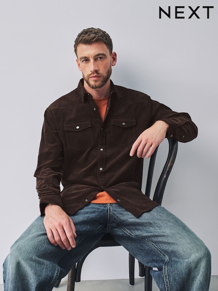 Chocolate Brown - Regular Cord Western Styling Long Sleeve Shirt