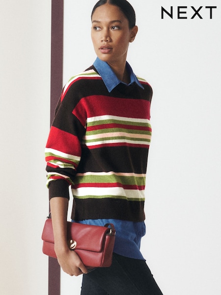 Red/Brown Stripe - Supersoft Crew Neck Jumper With Shirt Layer