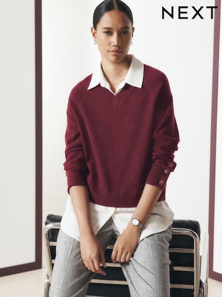Berry Red - Gem Button Supersoft Knitted Long Sleeve Shirt Layer Jumper