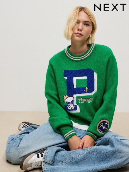 Green Peanuts Snoopy License - Long Sleeve Crew Neck Knitted Jumper With Wool