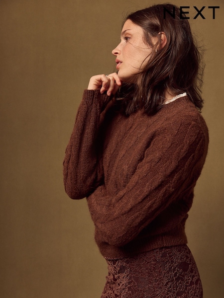 Brown - Cable Knit Jumper With Lace Trim Collar