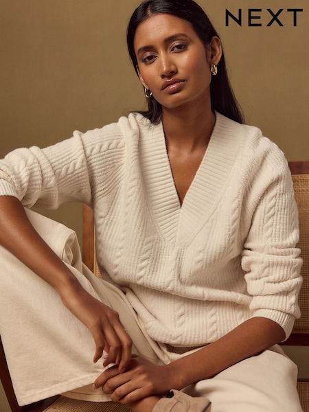Ecru - Supersoft Cable Knit V-neck Mid Length Jumper