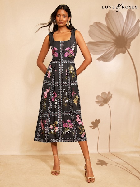 Black Floral - Love & Roses Bow Shoulder Tie Midi Dress
