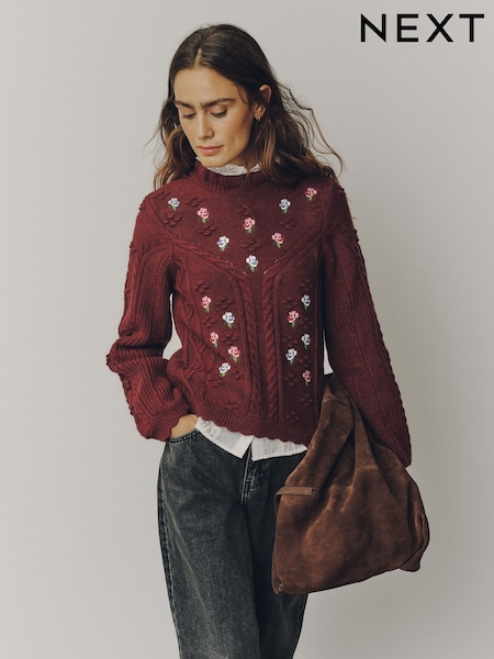 Berry Red - Cable Knit Floral Embroidered Frill Neck Jumper