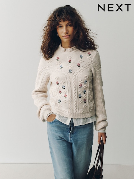 Ecru - Cable Knit Floral Embroidered Frill Neck Jumper