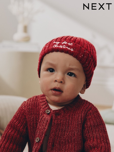 Red - My First Christmas Embroidered Knitted Beanie Baby Hat (0mths-2yrs)